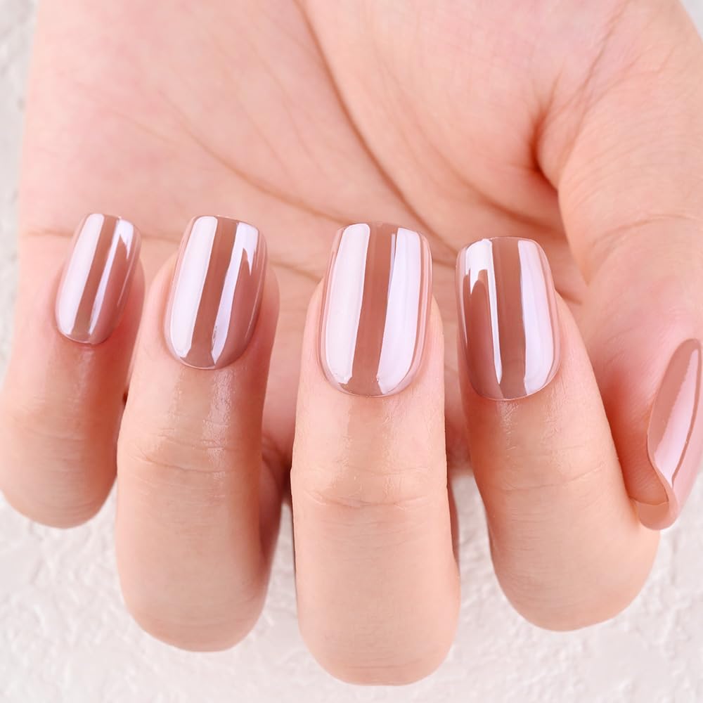 evpct Nude Glazed Press on Nails Short Square No Glue, Petite Short Square Chrome Metallic Aurora Stick on Nail for Women Gift, Reusable Full Cover Soft Press on Nail Perfectly Fit with Glazed Design
