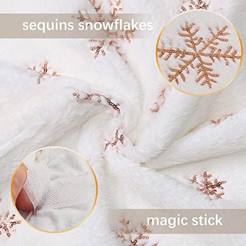 White Christmas Tree Skirt 24 Inch Small Faux Fur Rose Gold Snowflake Tree Skirt for Holiday Xmas Party Home Decorations