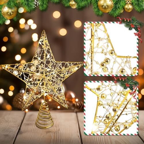 Noiclub Christmas Tree Topper Gold Beaded Star for 6-8FT Christmas Trees