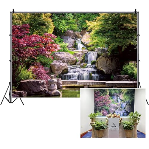 8x6ft Japan Garden Landscape Backdrop Retro Style Park View Photography Background Waterfall Maple Trees Bridge Kyoto Garden Travel Children Adult Portrait Photo Studio Props Wallpaper - size: 8x6ft