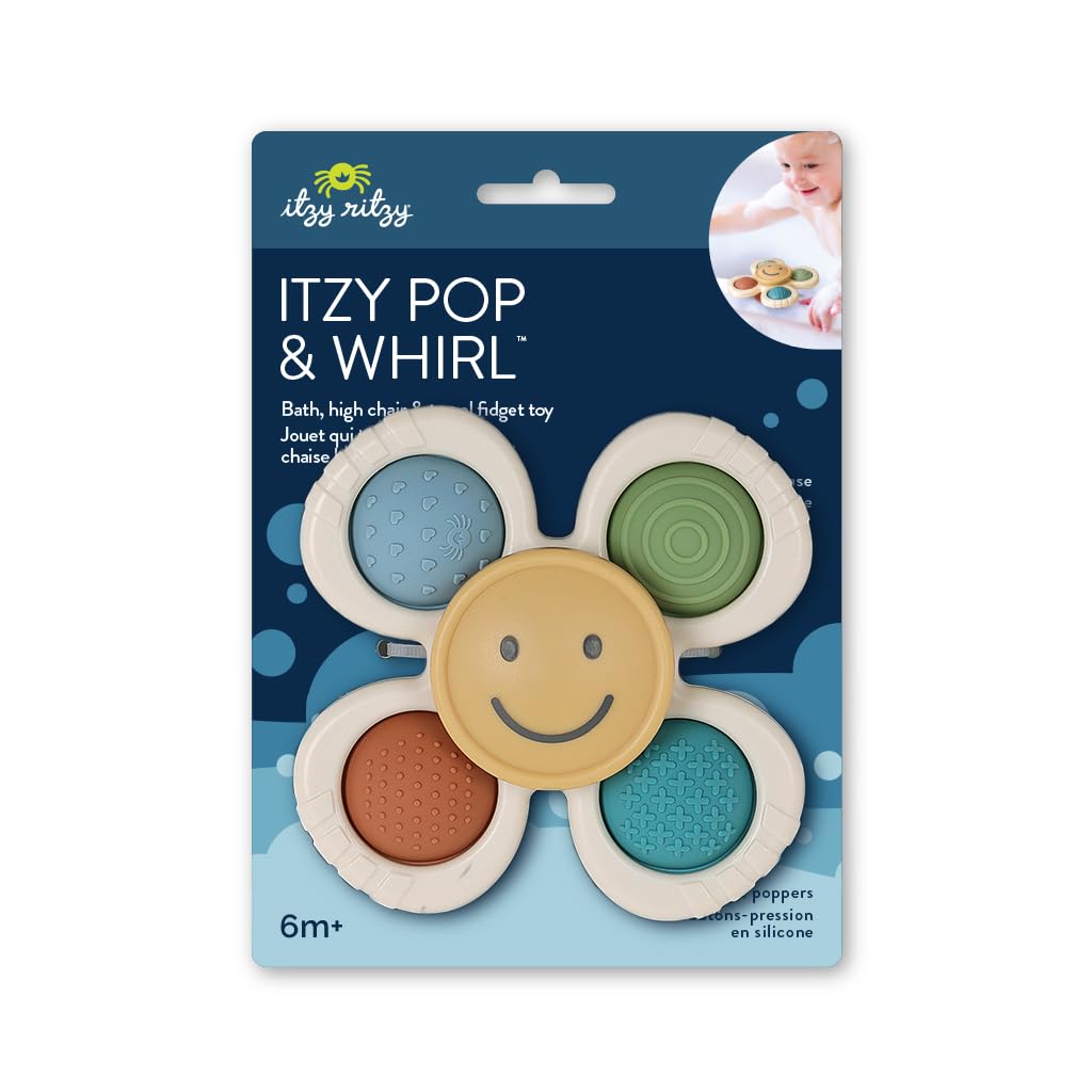 Itzy Ritzy Pop & Whirl – Fidget Spinner Travel & Bath Toy for Babies & Toddlers – Fidget w/Textured Silicone Poppers to Develop Fine Motor Skills – Sticks to Highchairs, Tables, Tubs More (Smile)