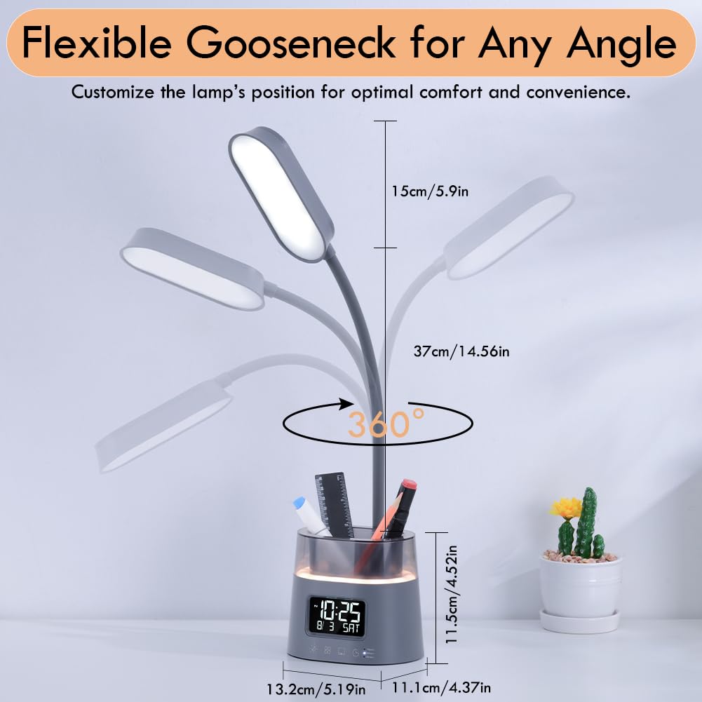 WILIT LED Desk Lamp for College Dorm Room Essentials, Students Study Lamp with USB Charging Port, Pen Holder, Clock & RGB Night Light, Office Desk Accessories, Table Lamp for Bedroom - Gray
