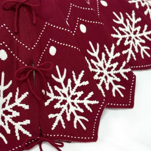 36-Inch Reversible Knit Tree Skirt with Christmas Star–Inspired Pointed Edge Border and Lace-Up Closures, Machine Washable Thick Acrylic Yarn, Burgundy & White