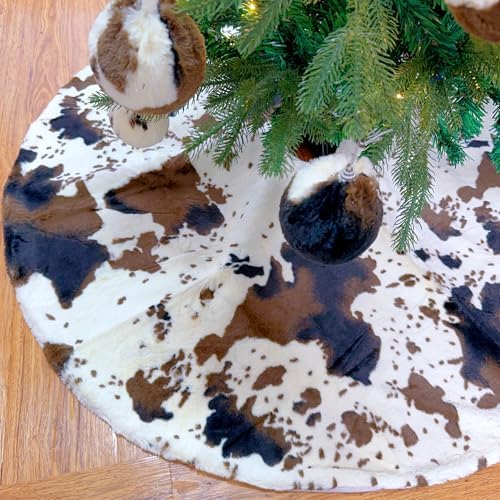 Cow Print Christmas Tree Skirt, Western Cowhide Faux Fur Tree Decorations Mats for Home Party Decorations(30Inch,78CM)