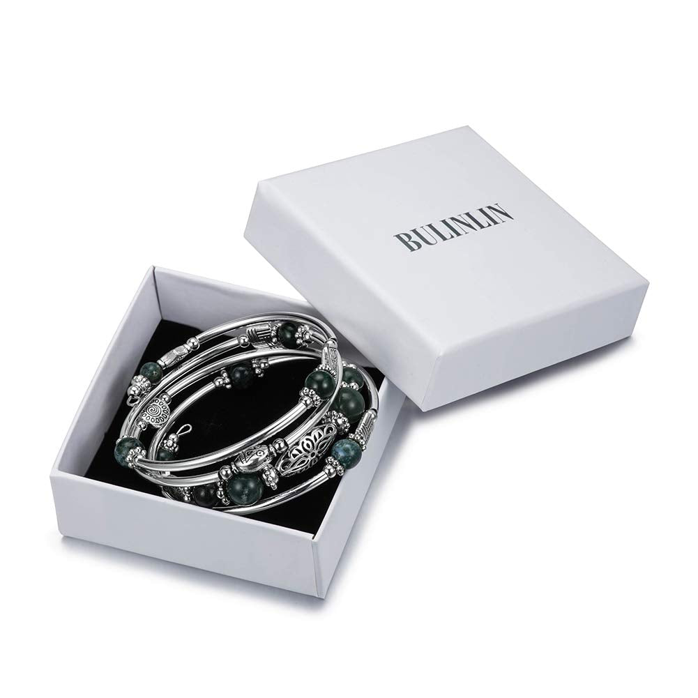 BULINLIN Layered Wrap Bangle Turquoise Bracelet - Bead Bracelet with Natural Agate Stone, Gifts For Women (09-Dark green)