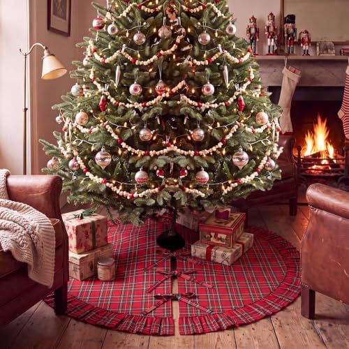 48 Inch Plaid Christmas Tree Skirt with Ruffle, Red Green