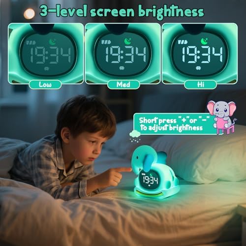 Elephant Alarm Clock with Night Light for Kids,Toddler Sleep Training Clock Ok to Wake Clocks for Girls and Boys, Kids Clocks for Bedrooms,Kids Alarm Clock,Rechargeable,RGB,Gift Ideas for Kids Child