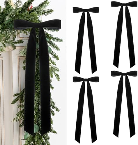 Velvet Bows for Christmas Tree Pack of 4 Large Rustic Crafts Gift Wreath Bow Ornaments for Xmas Topper Staircase Home Wedding Outdoor Interior Decor, 2" Width, 23 x 8.7 Inch (4, Black)