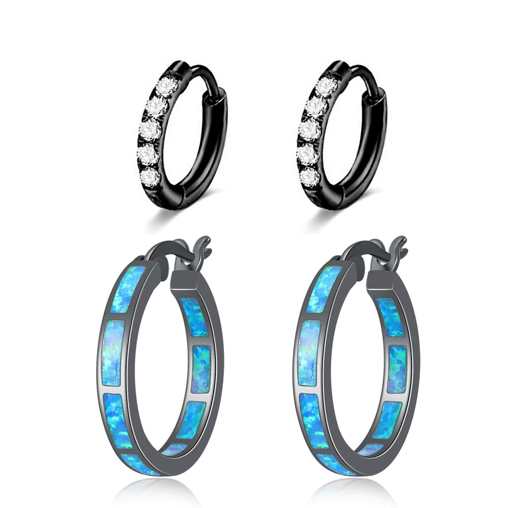 CiNily 2 Pairs Hoop Earring Set for Women Black Gold Plated Blue Opal Small Hoop Earring Hypoallergenic Cubic Zirconia Tiny Earrings