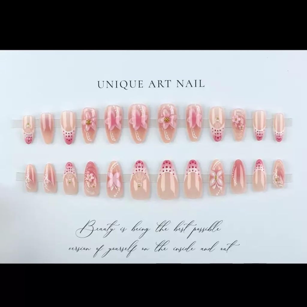CTTHNBD Medium Press on Nails Almond - Pink Fake Nails with 3D Flower Design - Spring, Ombre False Nails Press ons - for Women 24 Pcs