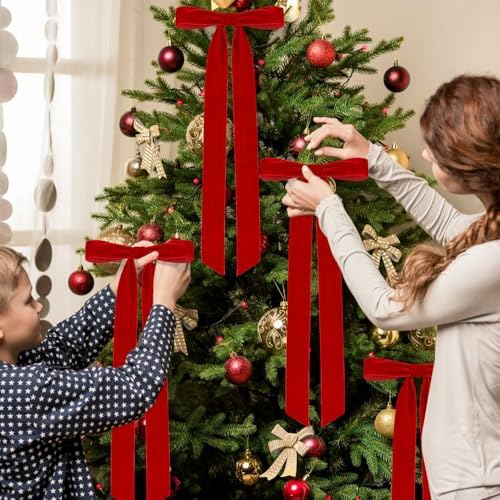 Velvet Bows for Christmas Tree Pack of 4 Large Rustic Crafts Gift Wreath Bow Ornaments for Xmas Topper Staircase Home Wedding Outdoor Interior Decor, 2" Width, 23 x 8.7 Inch (4, Red)