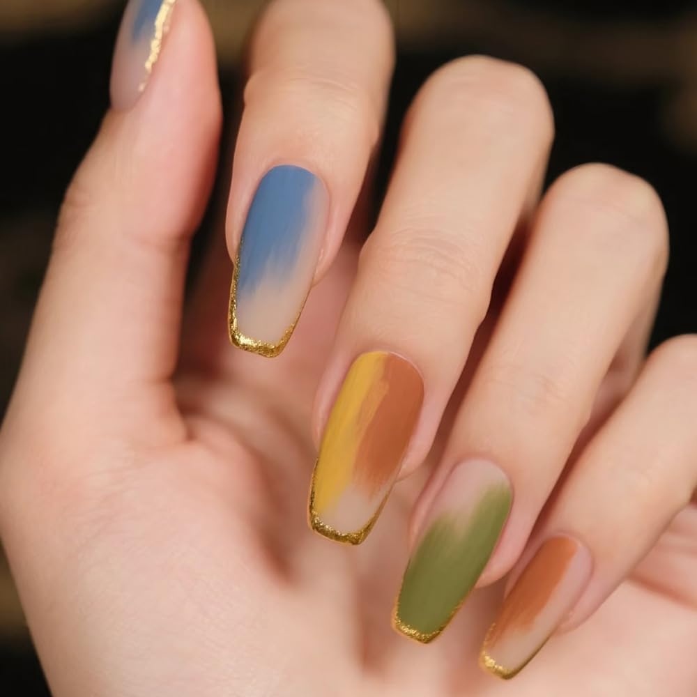 plalely Coffin Press on Nails Medium Gradient Fake Nail Golden Edge Acrylic Nail Press ons with Water Color Design Stick on Nail for Women 24pcs