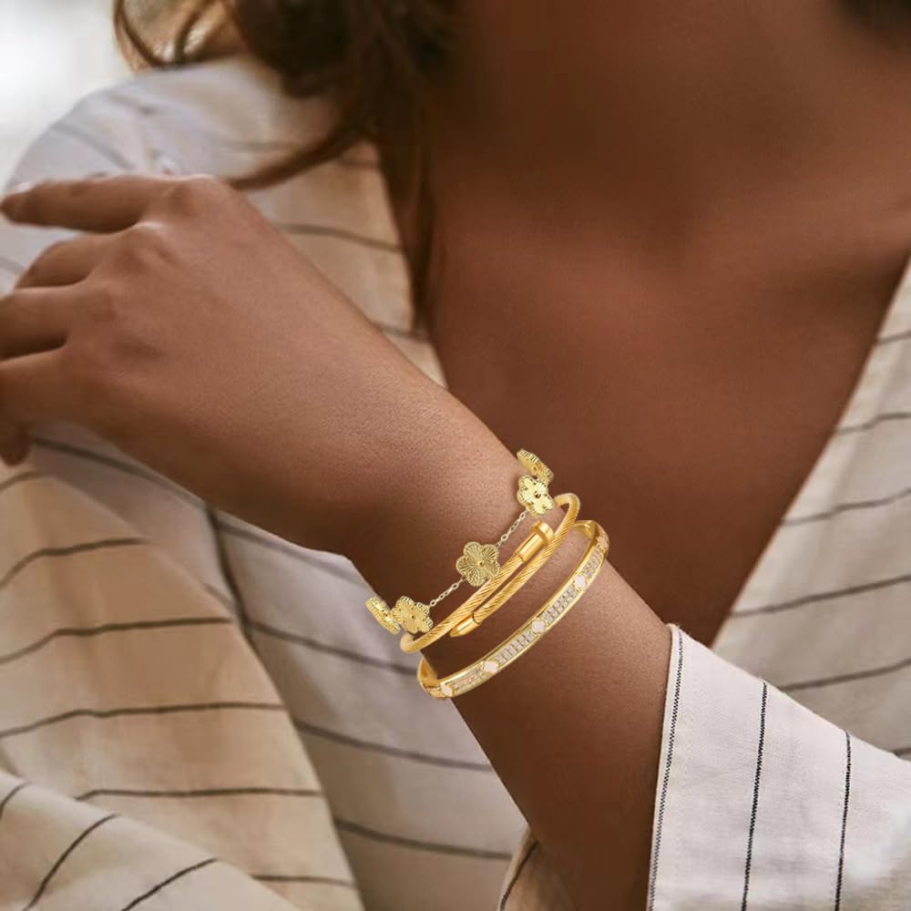Nail Bracelets set for Women 3Pcs Stackable Love Bangle 18K Gold Plated Clovers Bracelet Floral Bracelet Set Trendy Gifts for Women