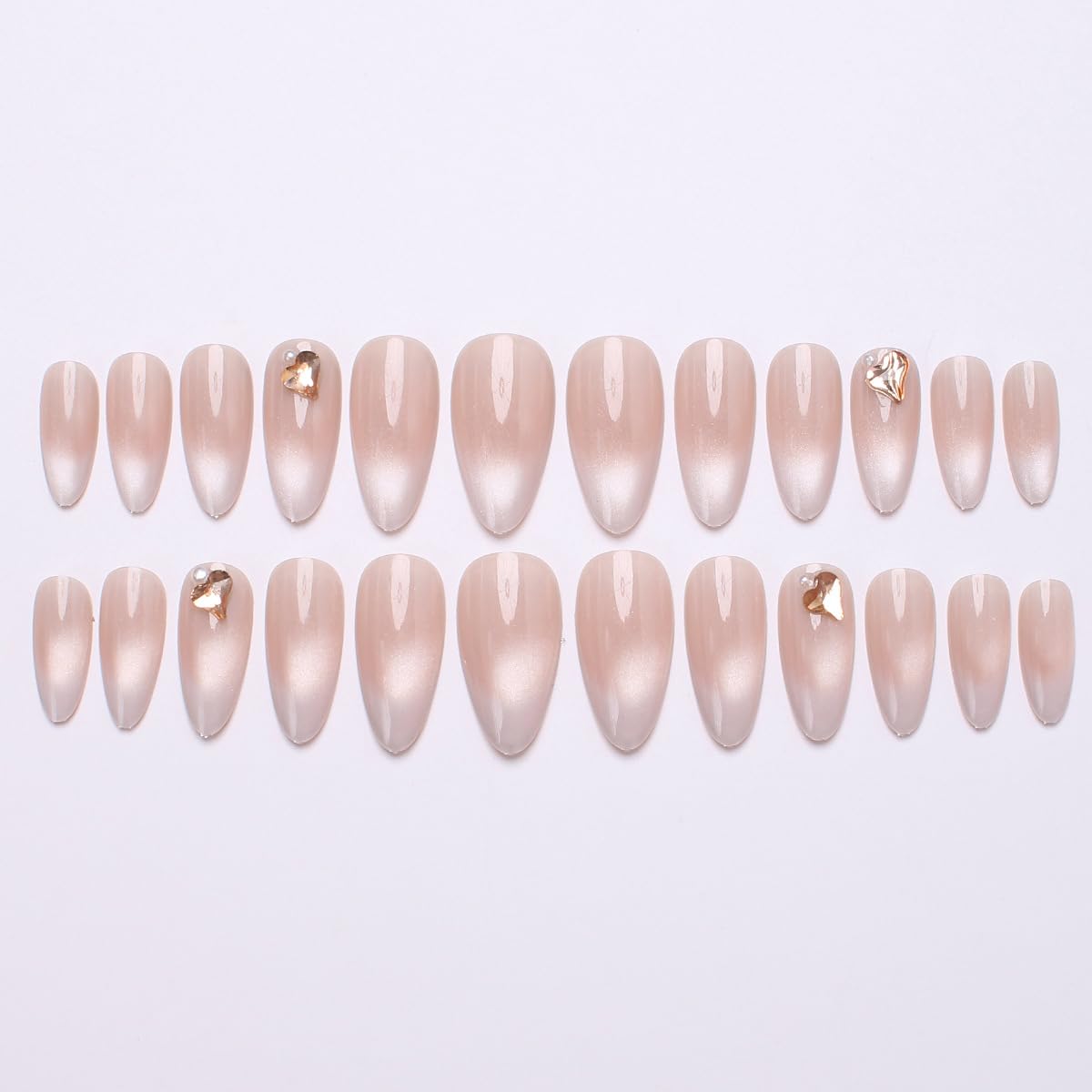 Nude Cat Eye Press on Nails - Medium Almond Fake Nails Glitter Glue on Nails with 3D Rhinestones Heart&Pearl Designs False Nails Reusable Full Cover Stick on Nails for Women Manicure 24Pcs