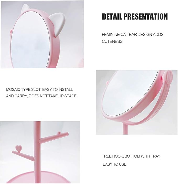 Desk Mirror in Cute Cat Ears Shape-Kawaii &Vanity Mirror for You in Bathroom or Bedroom- Pink