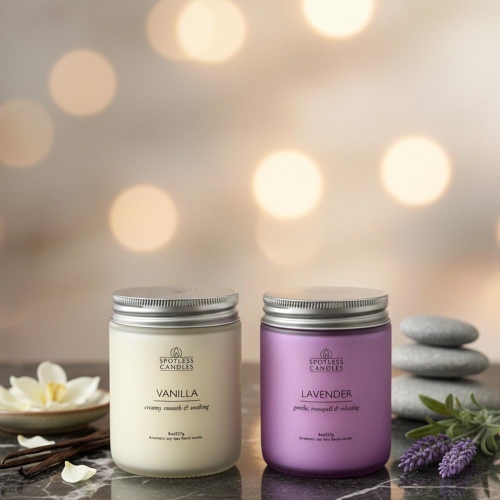 Aromatic Candles Two Pack - 2 x 8 oz Lavender & Vanilla in a Gift Pack, Classic Candle Set for Men and Women by Spotless Leopard