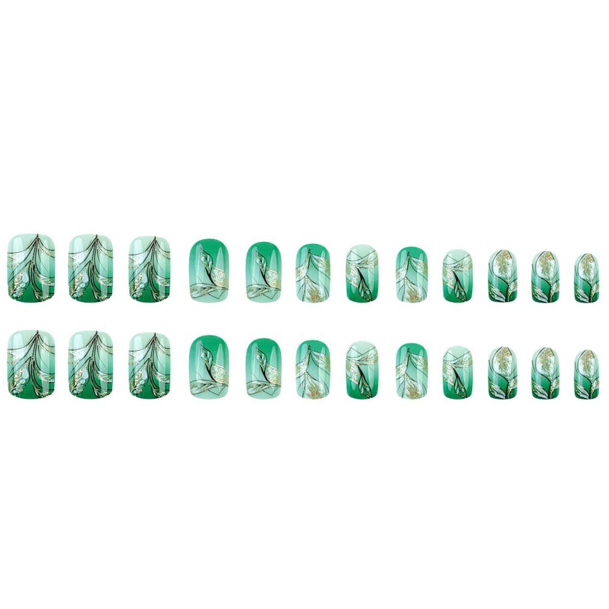 Square Fake Nails Short Press On Nails Leaf Glitter With Gradient Design Green False Nails Acrylic Artificial Glossy Full Cover Spring Glue On Nail Summer Stick On Nail For Women 24pcs
