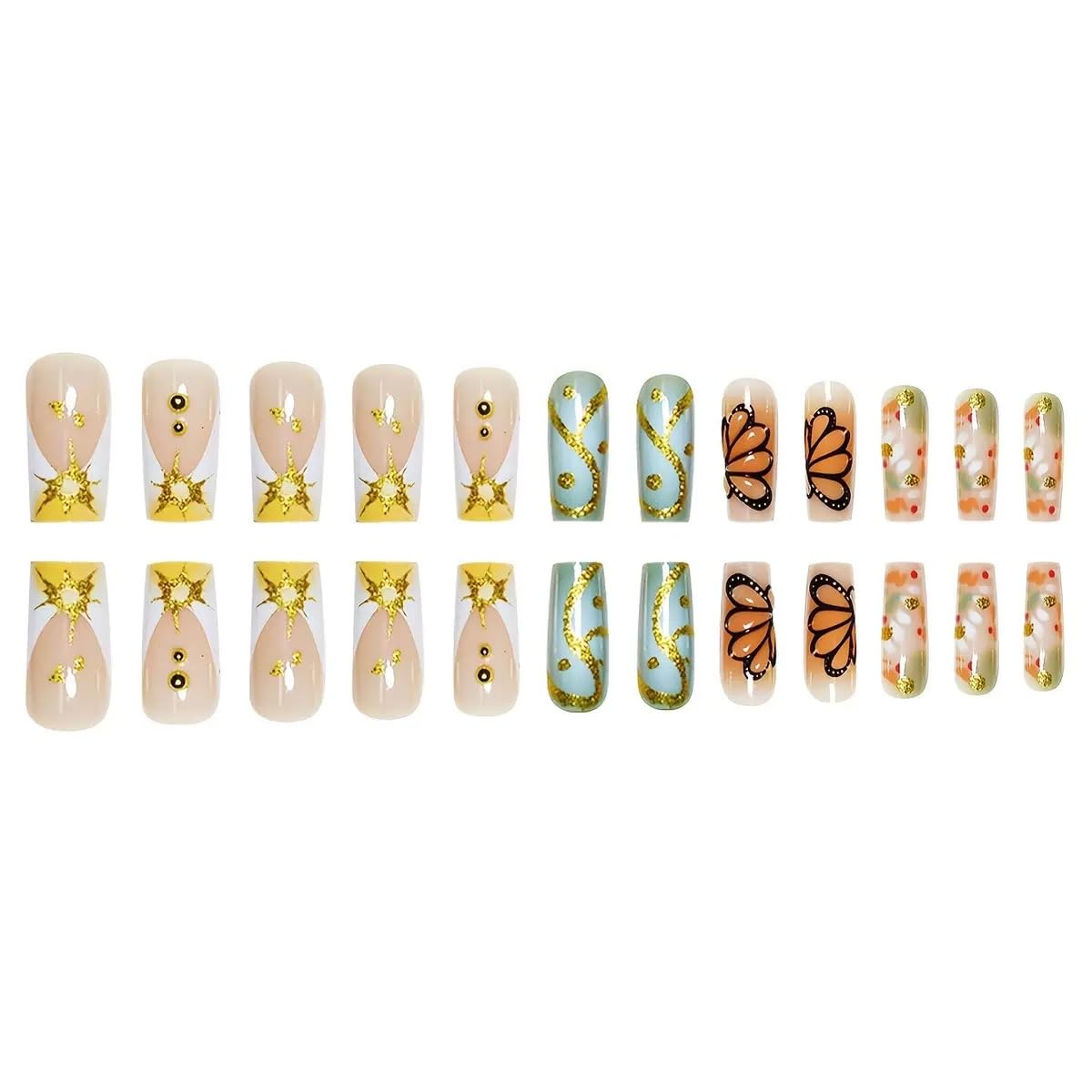 CTTHNBD Press on Nails Medium - Square Fake Nails with Butterfly, Gold Stripes Design - Rhinestone, Stick on False Nails for Women 24 Pcs