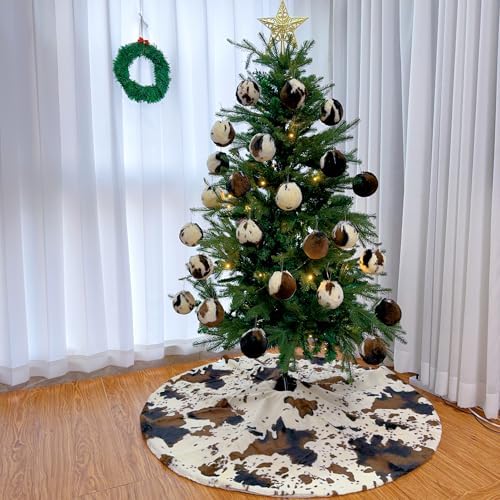 Cow Print Christmas Tree Skirt, Western Cowhide Faux Fur Tree Decorations Mats for Home Party Decorations(24Inch,60CM)