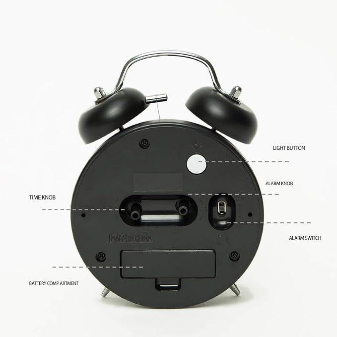 FLOITTUY {Loud Alarm for Deep Sleepers) 4'' Twin Bell Alarm Clock with Backlight for Bedroom and Home Decoration(Black)