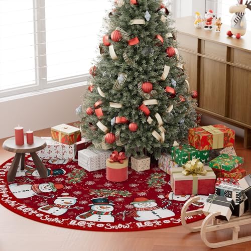 XCHI Red Let it Snow Snowman Rattan Winter Christmas Skirt Christmas Party Decorations for Home Xmas Holiday Winter Indoor Decro 48 Inch