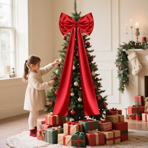 Christmas Tree Topper Bow, Double-Layer Giant Bows Christmas Decorations, Christmas Wreath Bows for Home Wreath Wall Backdrop Birthday Wedding Party Decor (Red Bow, 47 INCH)