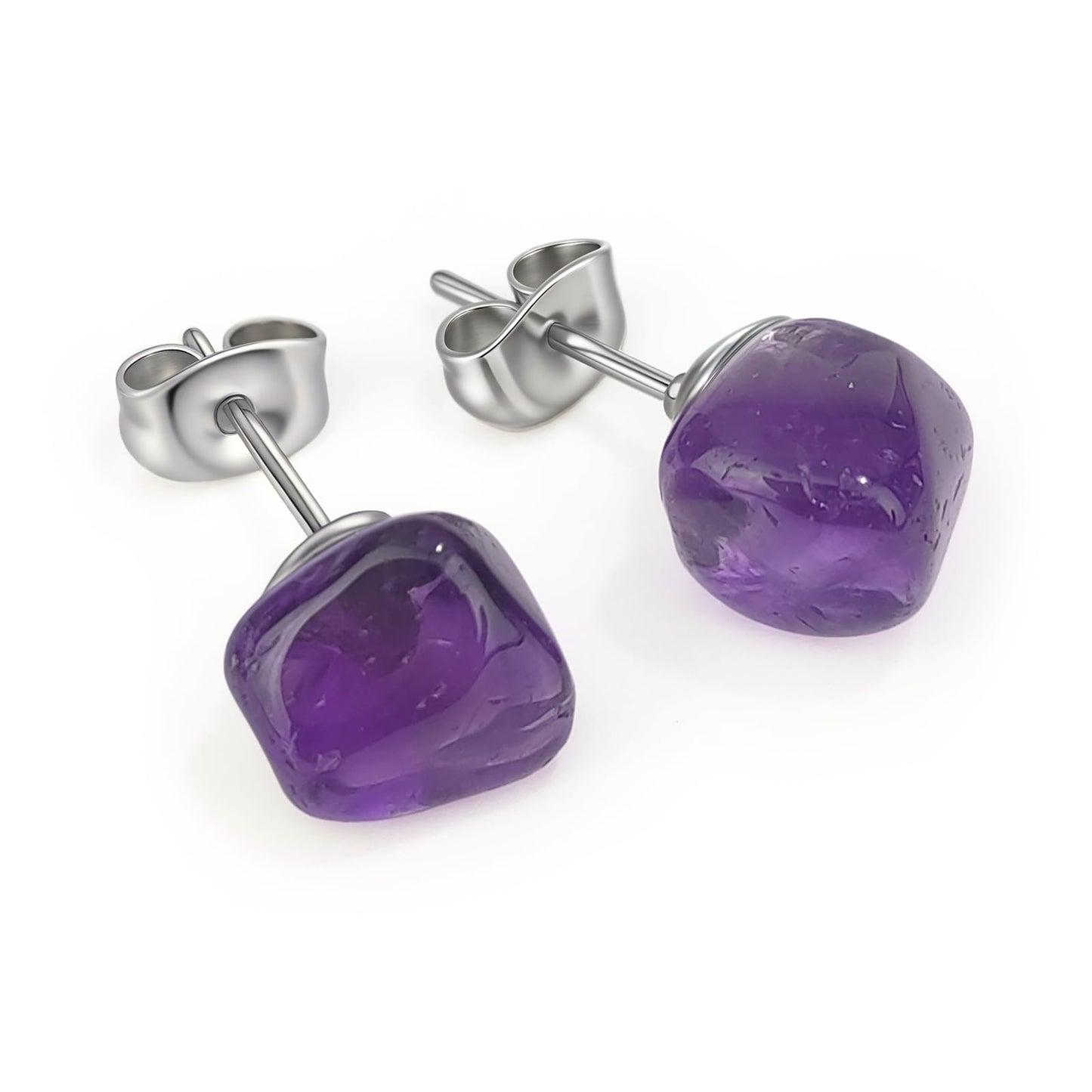 Amethyst Earrings, Irregular Gemstone Purple Amethyst Stud Earrings Stainless Steel, Reiki Healing Crystal Birthstone Earrings for Women(Amethyst)