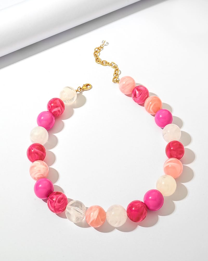 FAUTHENTICUTE Chunky Pink Necklace for Women Large Pink Tone Beaded Necklace With Adjustable Extender Chain Cute Bead Choker Statment Boho Summer Beach Jewelry