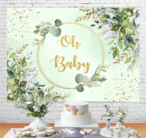 Sensfun Sage Green Baby Shower Backdrop Neutral Greenery Eucalyptus Oh Baby Baby Shower Banner Decorations Photography Background for Boy Girl Gender Reveal Party Decor Supplies Photo Booth Prop 7x5ft - size: 7x5ft
