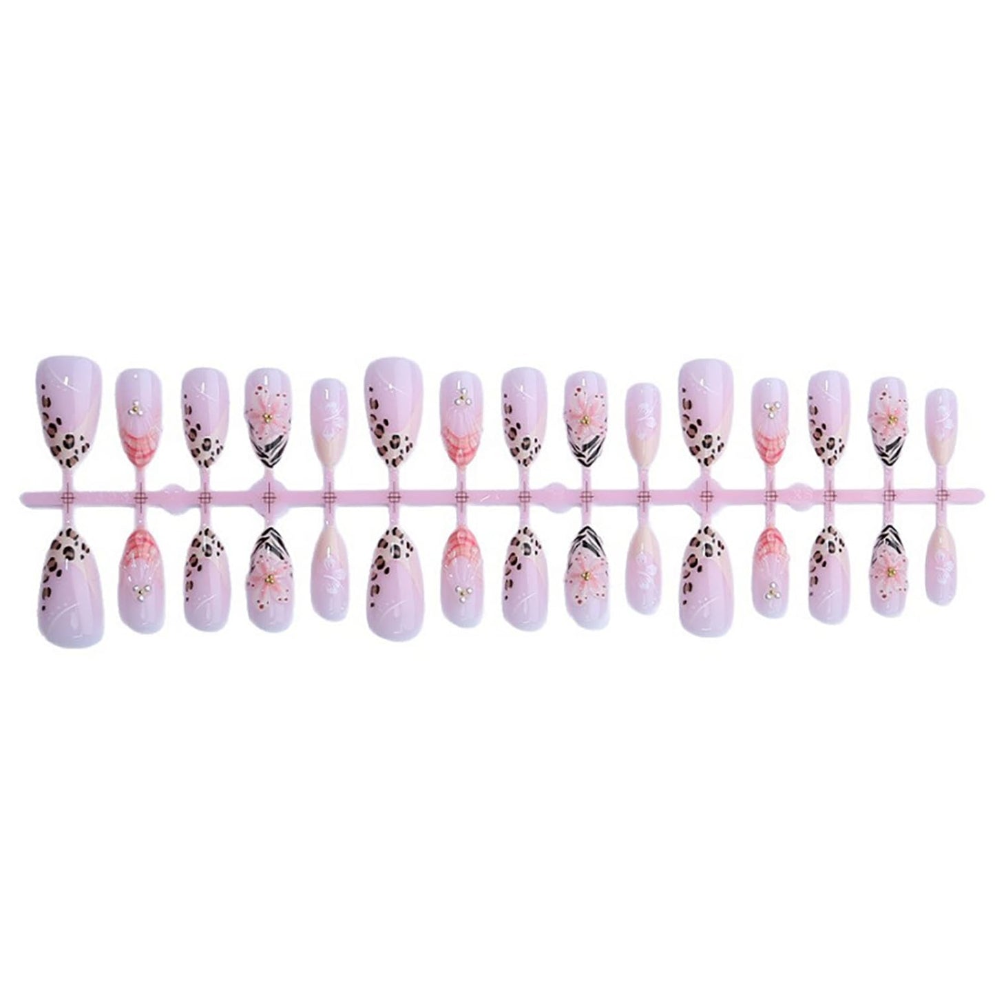 30pcs Press On Nails Medium Almond Fake Nails Press Ons With Flower Pearls Design French Leopard Print Acrylic Nails Pink Glossy False Spring Summer Glue On Nails For Women Manicure Decorations