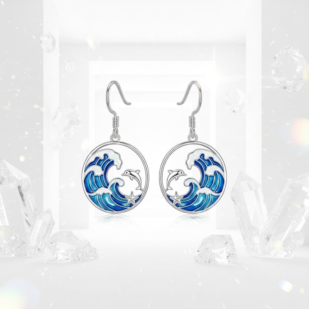 PROESS Dolphin Earrings 925 Sterling Silver Ocean Wave Earrings Beach Jewelry Gift For Women Mother's Day