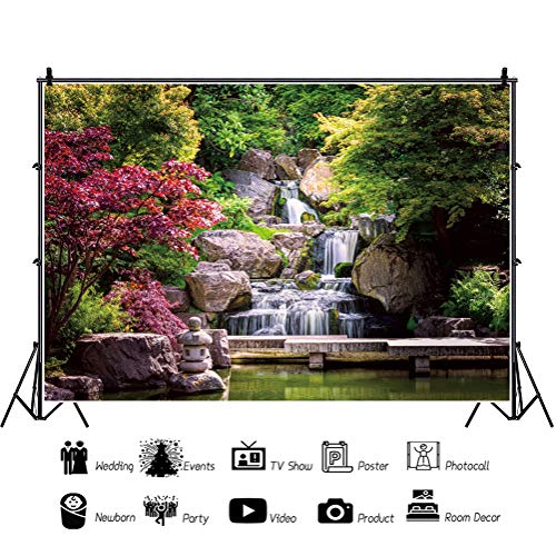7x5ft Japan Garden Landscape Backdrop Waterfall Backdrop Maple Trees Bridge Kyoto Garden Travel Scenery Photography Background Japanese Backdrops for Photoshoot - size: 7x5ft