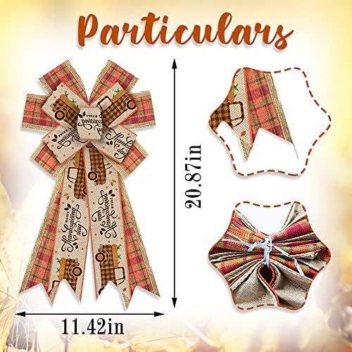 Large Fall Bows for Wreath, Thanksgiving Truck Harvest Wreath Bows Orange Buffalo Plaid Bows for Front Door, Farmhouse Ornament Burlap Tree Topper Bows for Fall Indoor Outdoor Decoration