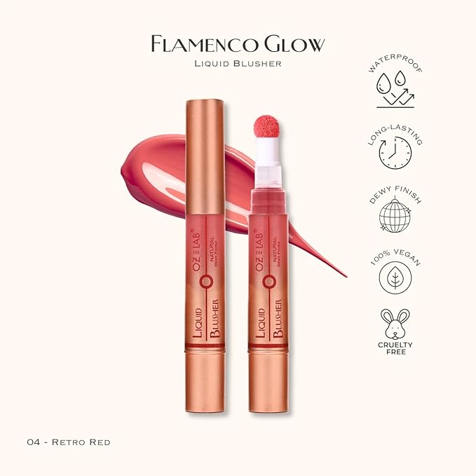 Flamenco Glow Liquid Blush – Retro Red – Classic Red Tint with Built-in Sponge Applicator – Lightweight, Blendable, Long-Lasting, Vegan & Cruelty-Free, 6ML/0.21 FL.OZ，pack of 1