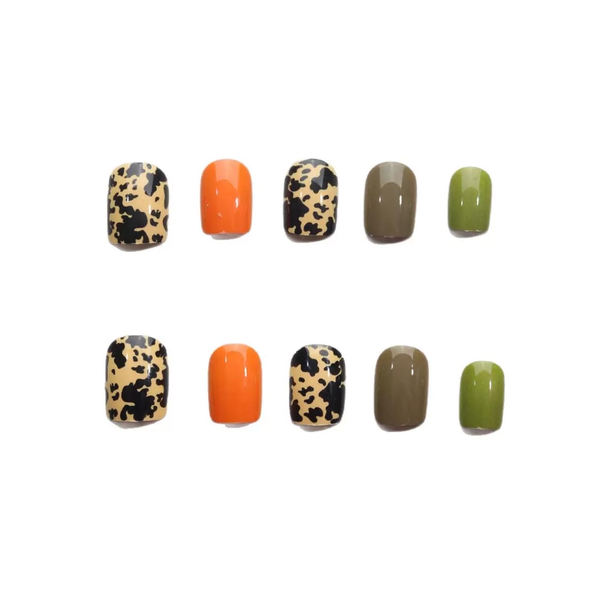 Square Press on Nails Short - Fall Fake Nails with Black Pattern Design - Green Full Cover Stick on False Nails for Women Manicure 24 Pcs