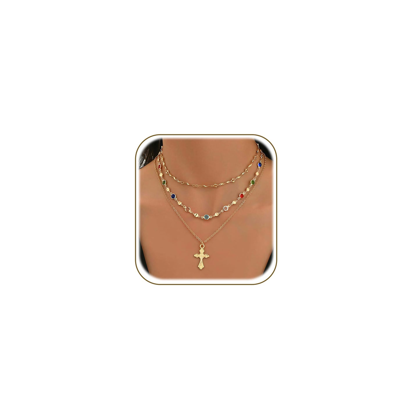 3PCS Layered Gold Cross Necklaces for Women Trendy, Bohemian Bead Pearl Y Long Pendant Necklace Set, Vintage Rosary Necklace Stack Adjustable Length