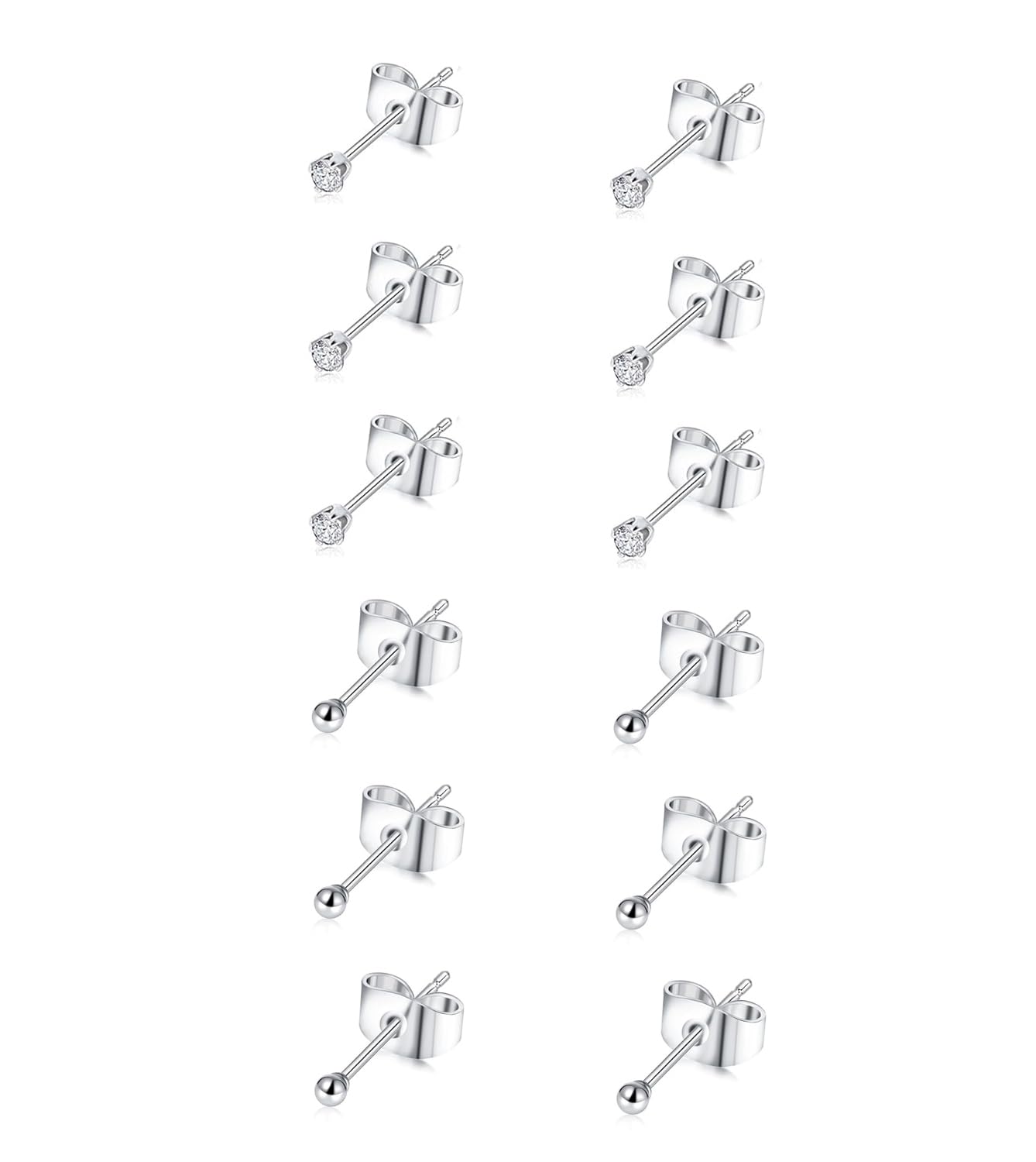 6 Pairs 2mm CZ & Ball Stud Earrings Set, Hypoallergenic Stainless Steel Tiny Stud Earrings Set for Women Men, 20G Silver Small Round Earrings for Multiple Piercings Cartilage Earlobe
