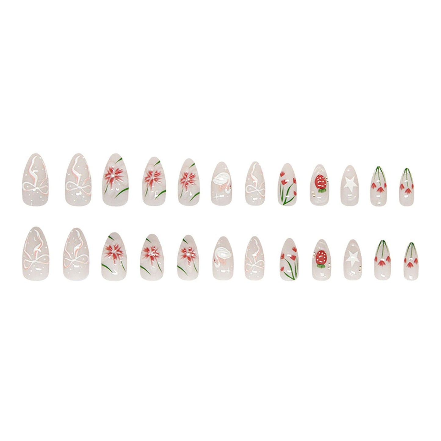 RUOKEXIN Almond Press on Nails Medium Fake Nails White False Nails with 3D Flowers Designs Spring Summer Nail Press ons Glossy Artificial Nails for Women 24Pcs