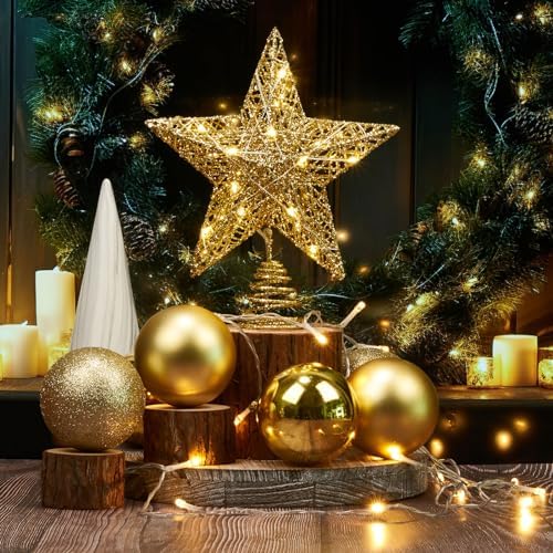 Emopeak 20 LED Christmas Tree Topper, 8 x 10 Inch Indoor Iron Art Star Treetop Light, Two Modes (Keep Light ON/Flash) (Gold, 8"/20CM)