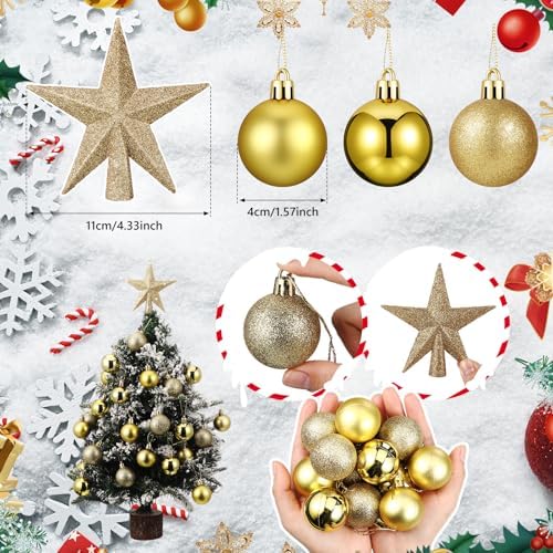 RoundFunny 25 Pcs Mini Christmas Balls Ornaments Set 1.57 Inch Christmas Day Ball Topper Star Tree Hanging Ornaments for Party Decoration(Gold)