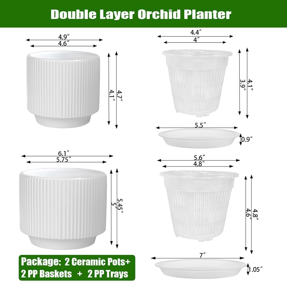MUZHI Ceramic Orchid Pot with Holes and Drainage Tray Set of 2, 5+6 Inch, Double Layer Orchid Planter with Clear Plastic Inner Net Baskets Pots for Repotting