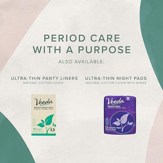 Veeda Natural Cotton Day Pads for Women - Heavy Flow Absorbent Ultra-Thin Feminine Pad with Wings - Hypoallergenic Period pad - Unscented & Chlorine free Sanitary Napkins - 56 Count
