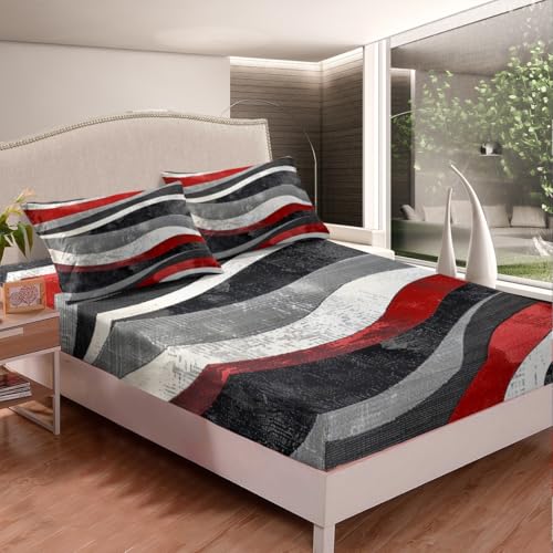 Red and Gray Bed Sheet Set Modern Abstract Art Fitted Sheet for Kids Boys Girls Teens Retro Circle Bedding Set Swirl Bed Cover 3Pcs with 2 Pillow Case Full Size - color: Multi Aa04, size: Full