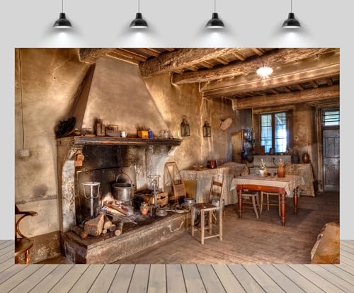 5x3ft Old Farmhouse Kitchen Backdrop Western Old Wooden House Kitchen Interior Rustic Background Rural Farmhouse Fireplace Cooking Background Farmers Cowboys Portrait Photo Props - size: 5x3ft