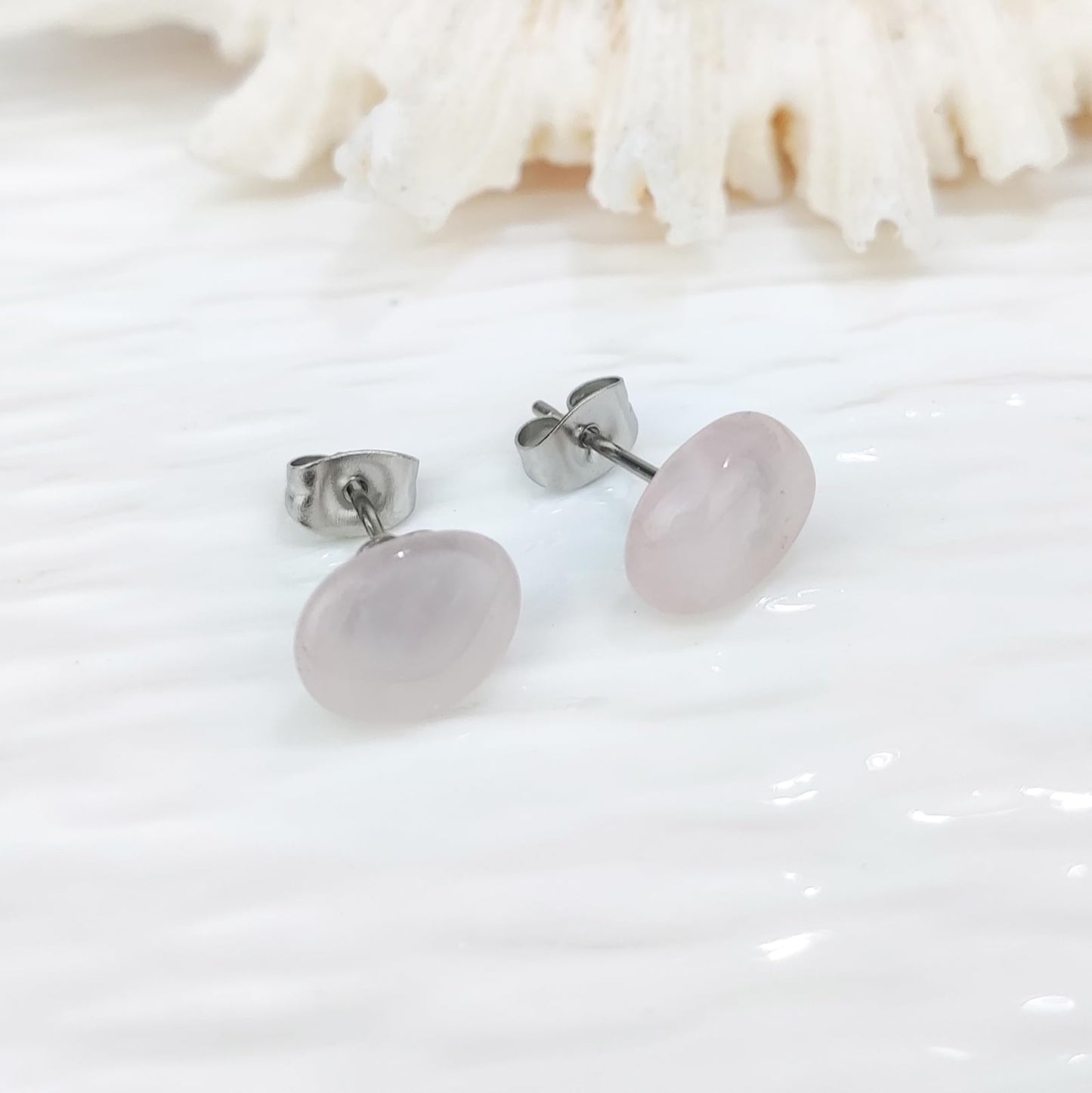 ZILENIU Rose Quartz Stud Earrings, 8-12mm Pink Stone, Handmade, Hypoallergenic Stainless Steel, Casual Wear