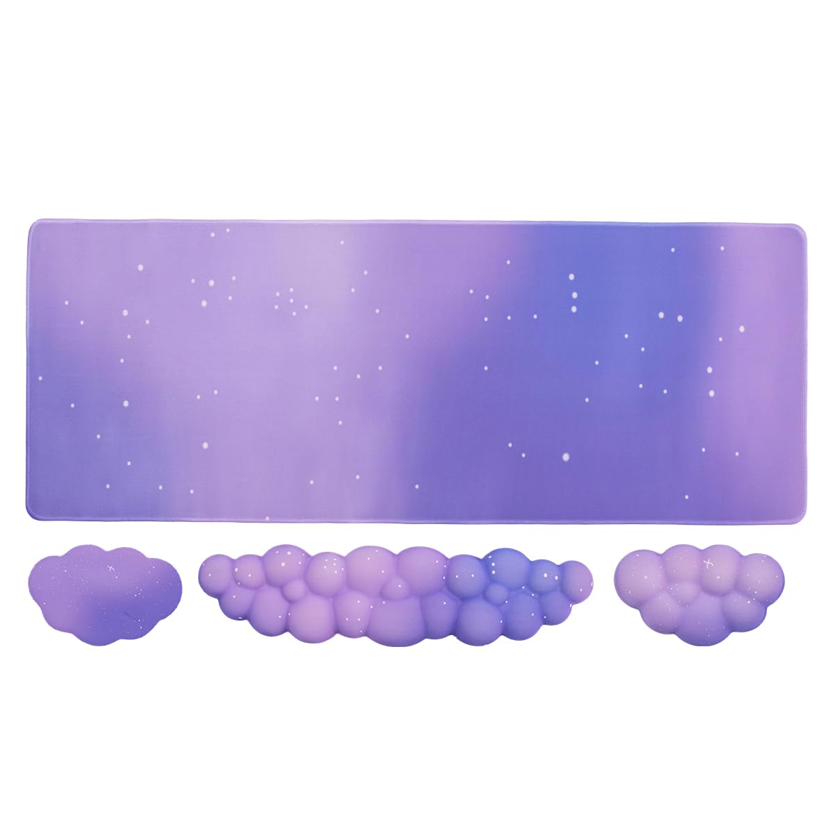 Gaming Desk Mat with Keyboard Wrist Rest Set, 4 in 1 Large Mouse Pad & Cloud Keyboard Wrist Rest& Mouse Wrist Rest&Coaster, Comfort and Support for Typing and Gaming(Purple Starry Night)