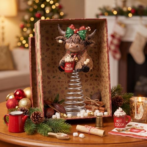 Gejoy Christmas Hot Cocoa Highland Cow Miniature Tree Topper 5.1 Inches Mini Resin Cattle Tree Top Decorations for Rustic Home Farmhouse Holiday Accents Party Decor, Thanksgiving Xmas Gift