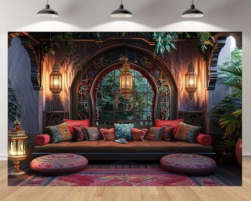 12x8ft Retro Living Room Backdrop Moroccan Exotic Lounge Luxury Interior Background for Bohemian Theme Party Cultural Events Birthday Party Decor Photo Studio Booth Props Banner Wallpapers - size: 12x8FT
