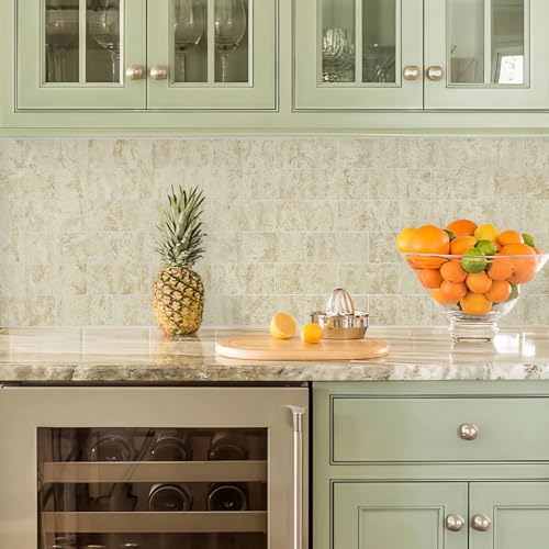 Vamos Tile 100-Piece Peel and Stick Backsplash Seamless Tile,3''x6'' Textured Beige Travertine with White Grout PVC Subway Tile,Stick on Backsplash for Kitchen/Bathroom/Laundry Room - color: Beige Travertine