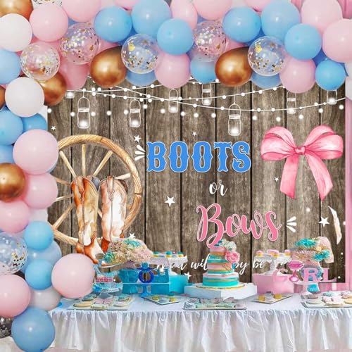 Sensfun Boots or Bows Gender Reveal Backdrop Boy or Girl Baby Shower Party Decorations Rustic Wooden Cowboy Boots Pink Bow Photography Background Western Gender Reveal Banner Photo Booth Props 6x4ft - size: 6x4ft